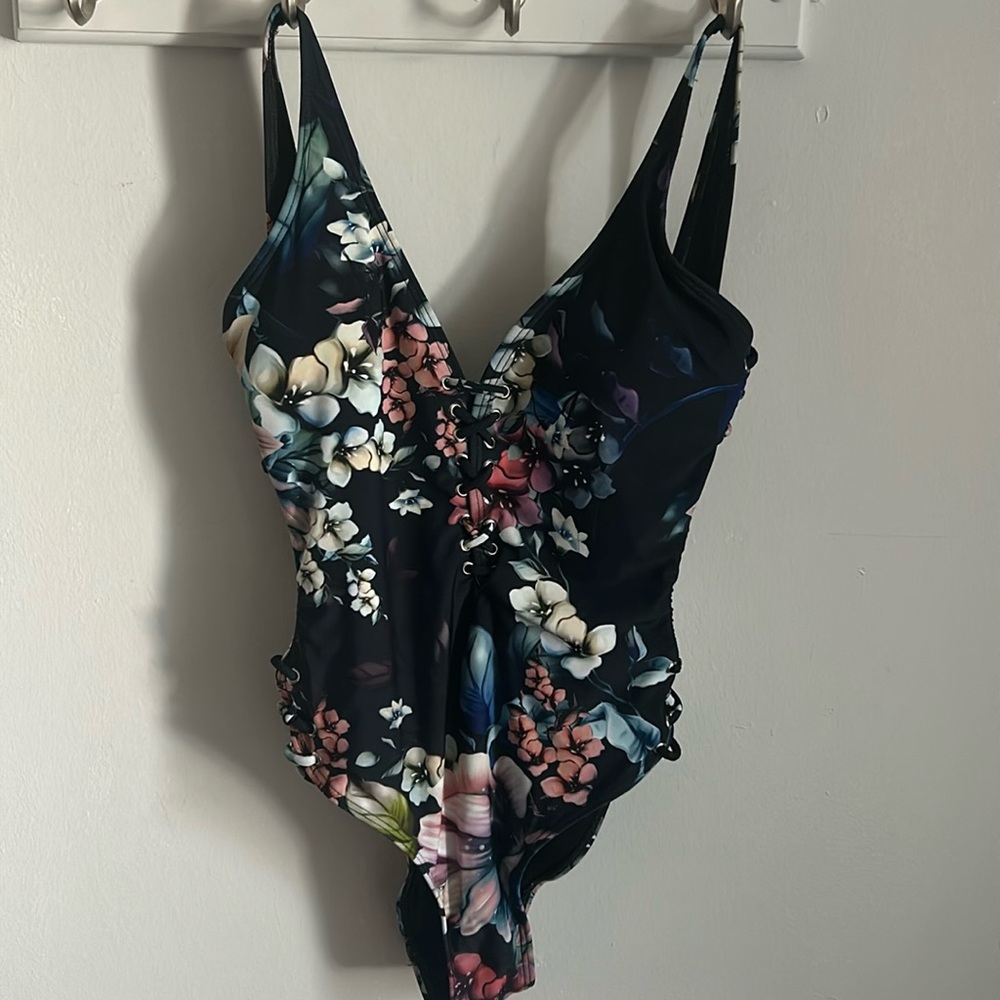 Tinibikini Woman’s Floral Deep V Laced Neckline Low Back One Piece Bathing Suit